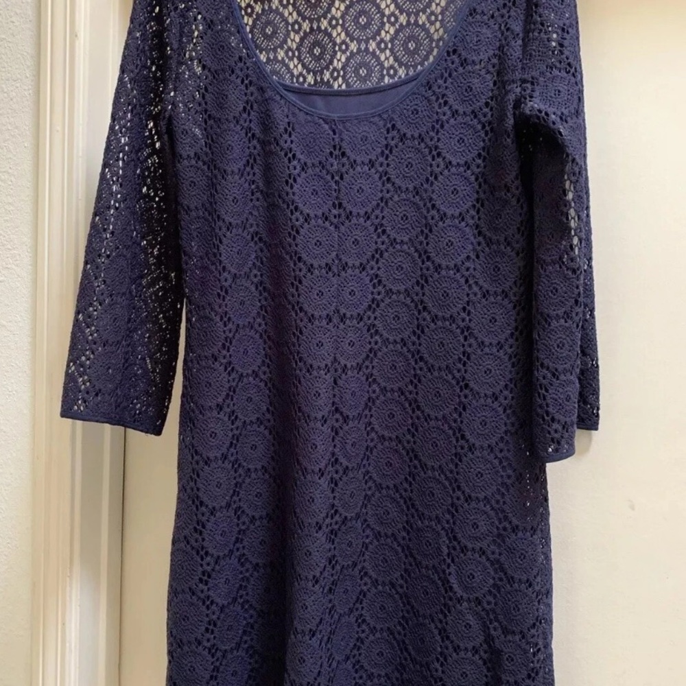 Lilly Pulitzer Topanga True Navy Blue Breakers Lace Dress Medium Bell Sleeves - Picture 7 of 13
